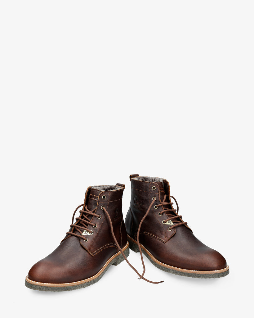 Glasgow Igloo botines de piel con forro interior de pelo natural. castaño